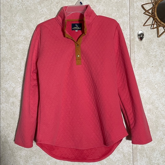 Simply Southern Pink V Neck Quilted Pullover Top with Tan Trim - Picture 1 of 6